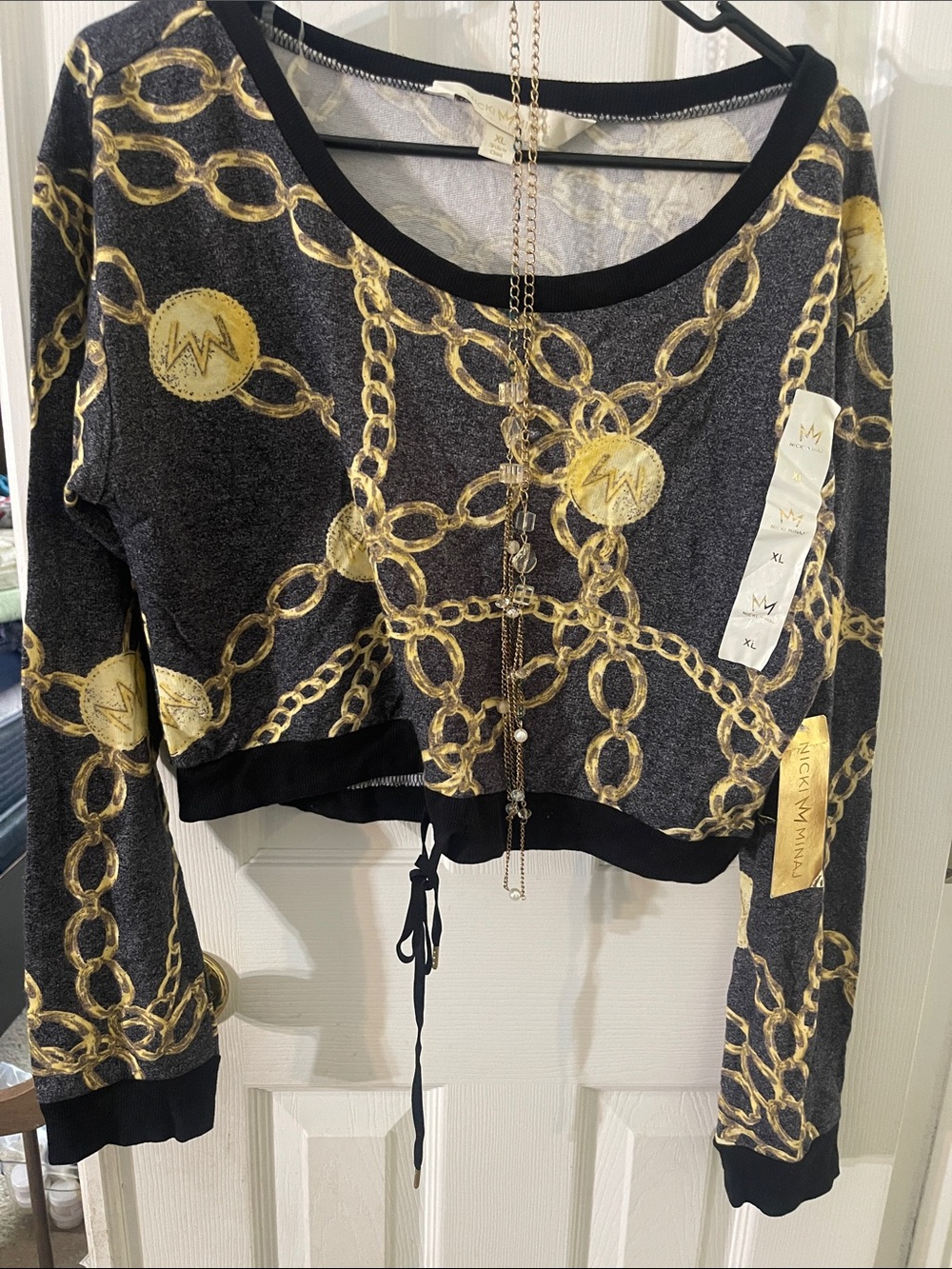 Nicki Minaj Black & Gold Chain-Print Cropped Hoodie